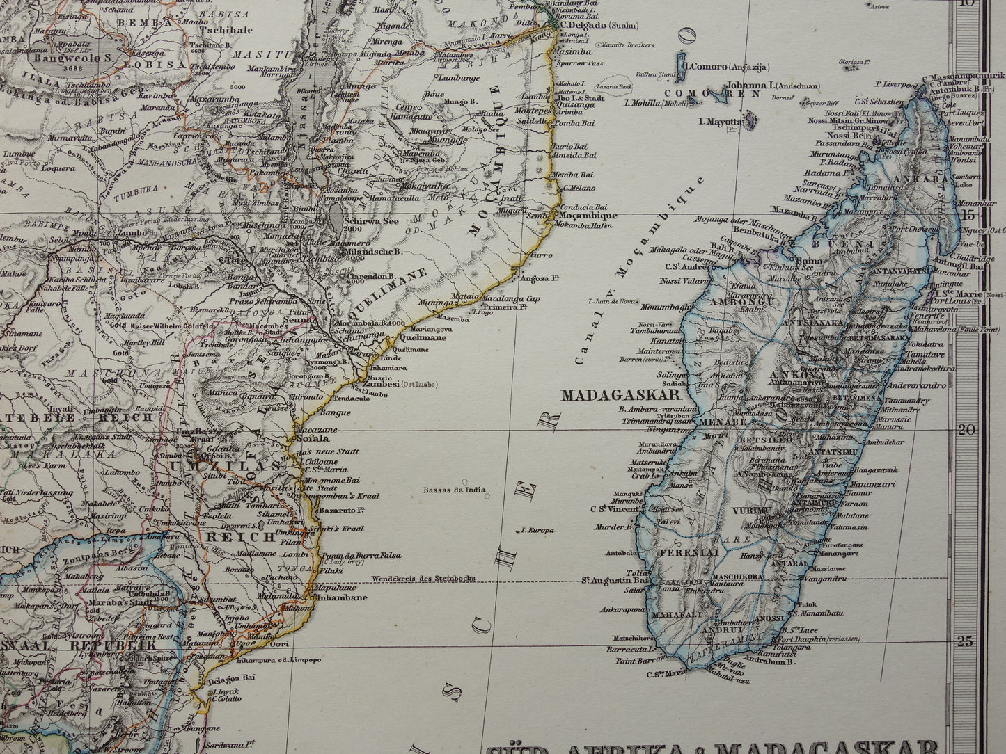 Antieke landkaart van Afrika in 1878 Grote originele 145+ jaar oude kaart van Zuid-Afrika Madagaskar Angola Namibië Botswana Tanzania Congo Mozambique Zambia Route Livingstone Andersson
