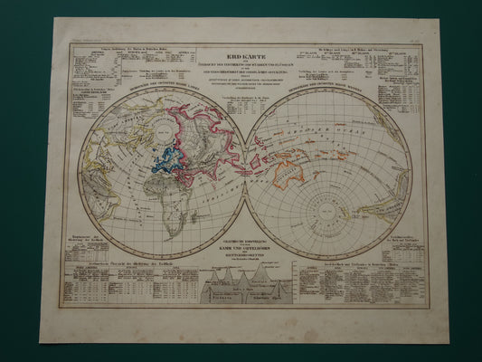 WERELDKAART oude kaart van de wereld 1849 originele antieke geologie dubbele hemisfeer landkaart watermassa en landmassa