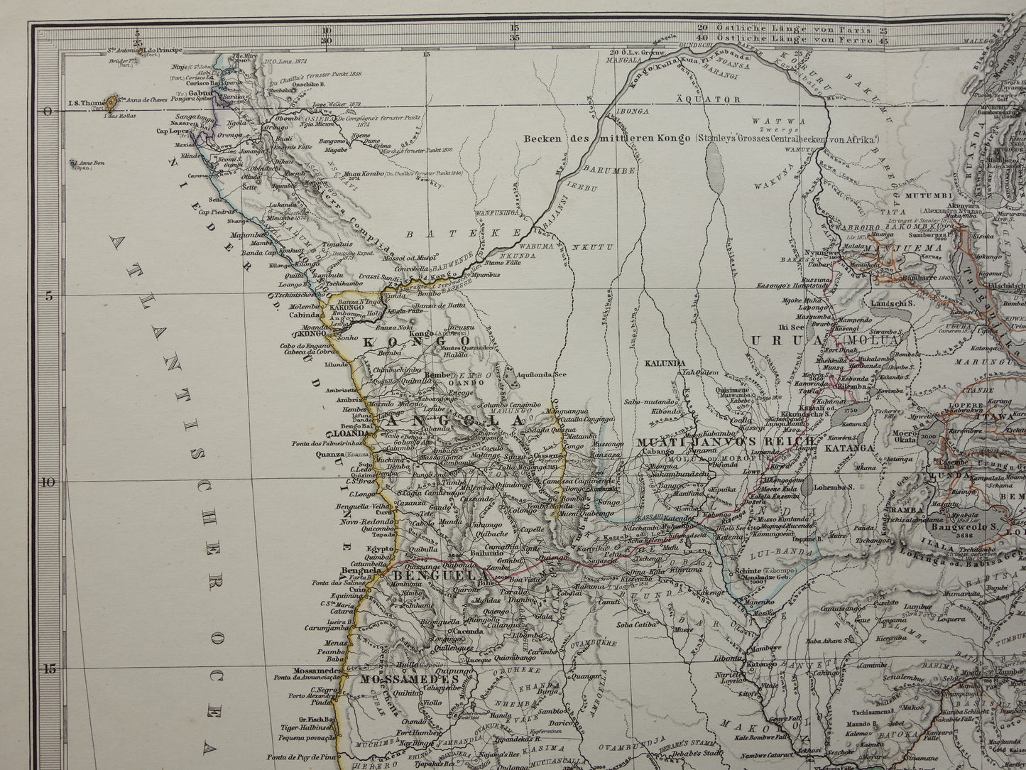 Antieke landkaart van Afrika in 1878 Grote originele 145+ jaar oude kaart van Zuid-Afrika Madagaskar Angola Namibië Botswana Tanzania Congo Mozambique Zambia Route Livingstone Andersson