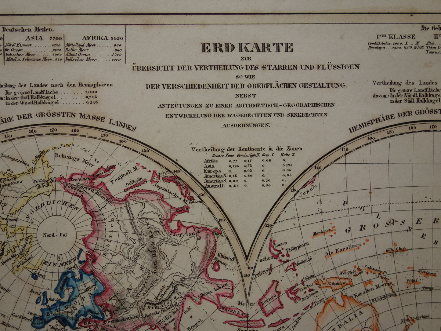 WORLD MAP old map of the world 1849 original antique geology double hemisphere map water mass and land mass