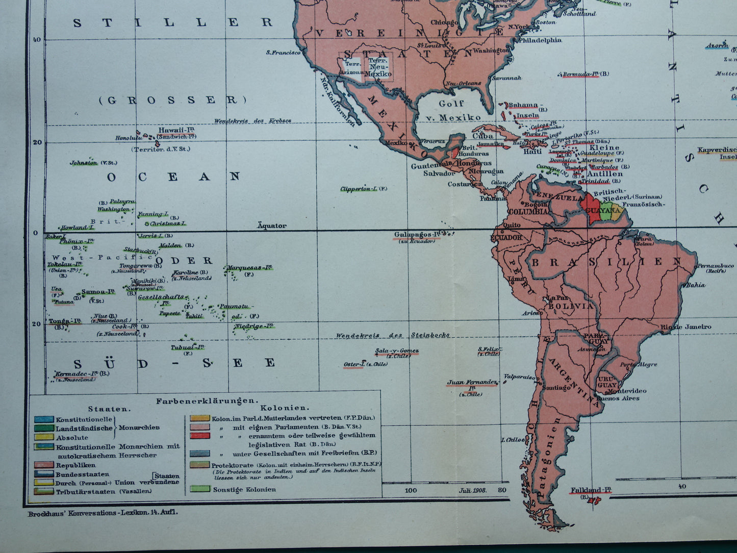 Oude wereldkaart van Staatsvormen en Koloniale bezittingen 1908 originele antieke kaart met jaartal