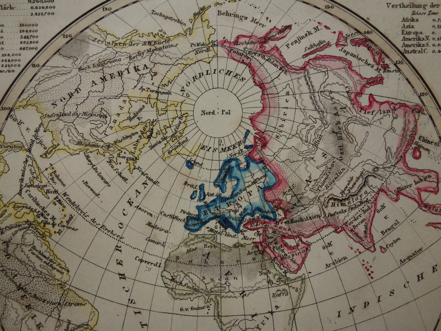 WORLD MAP old map of the world 1849 original antique geology double hemisphere map water mass and land mass