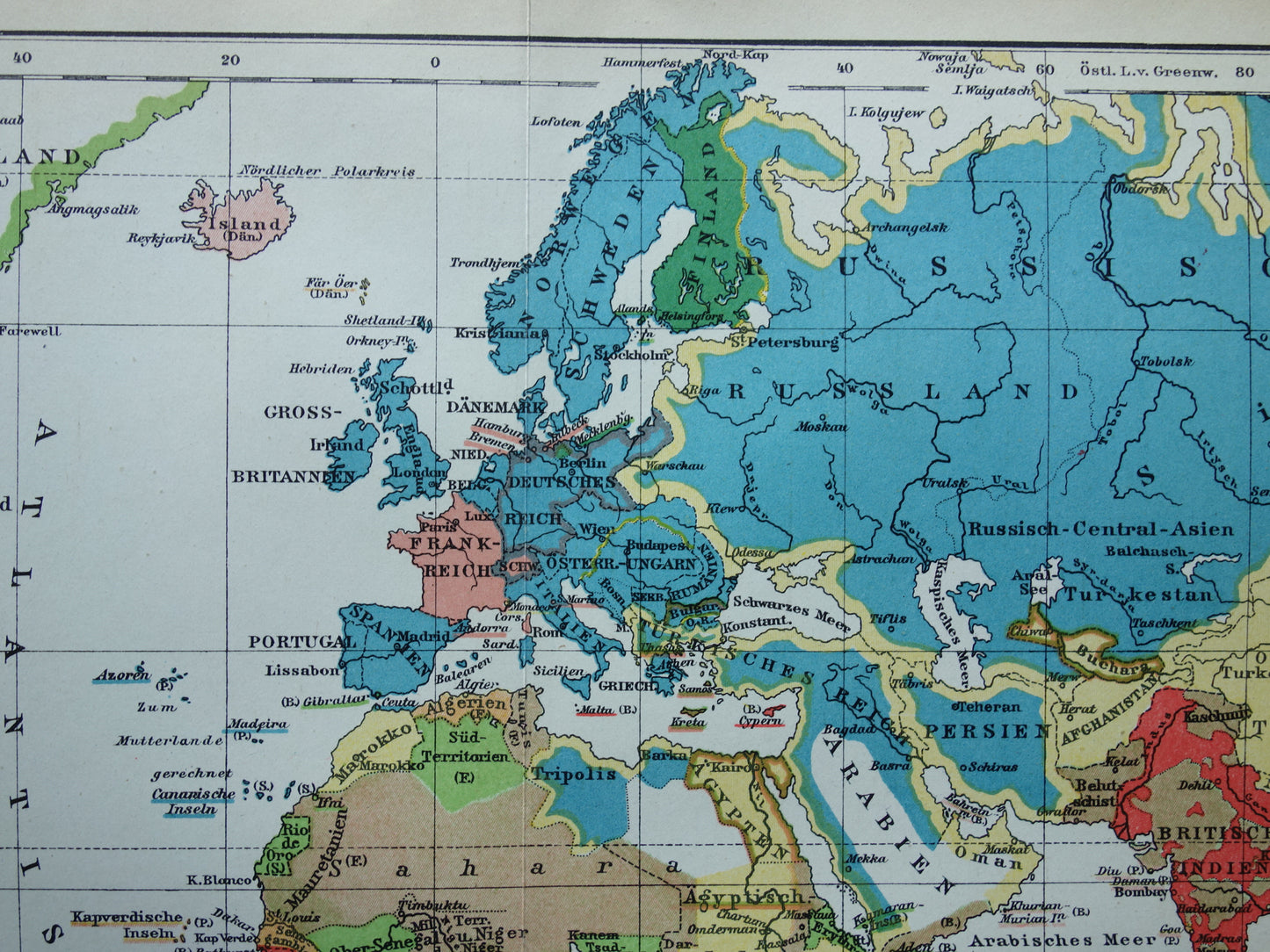 Oude wereldkaart van Staatsvormen en Koloniale bezittingen 1908 originele antieke kaart met jaartal