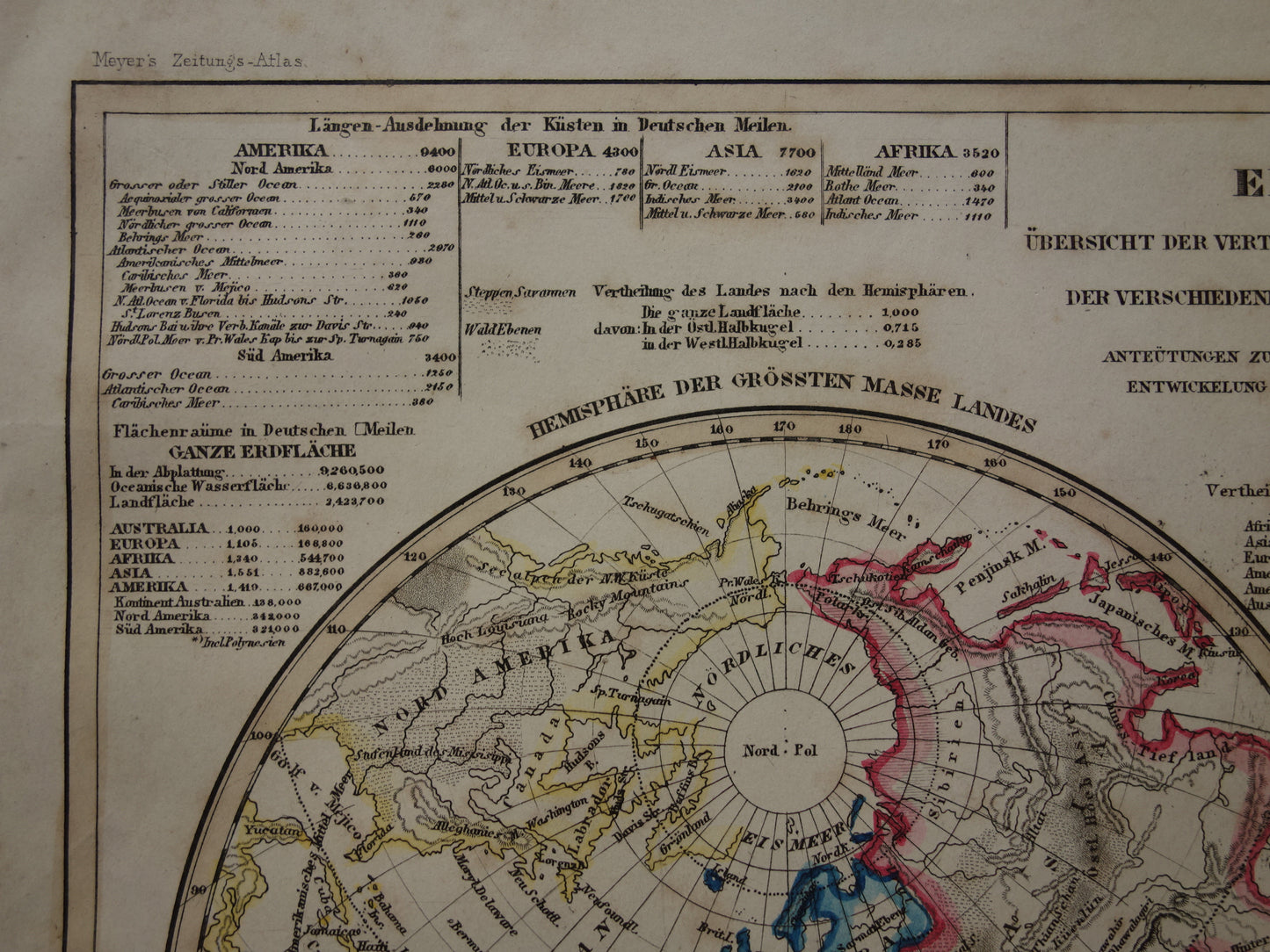 WORLD MAP old map of the world 1849 original antique geology double hemisphere map water mass and land mass