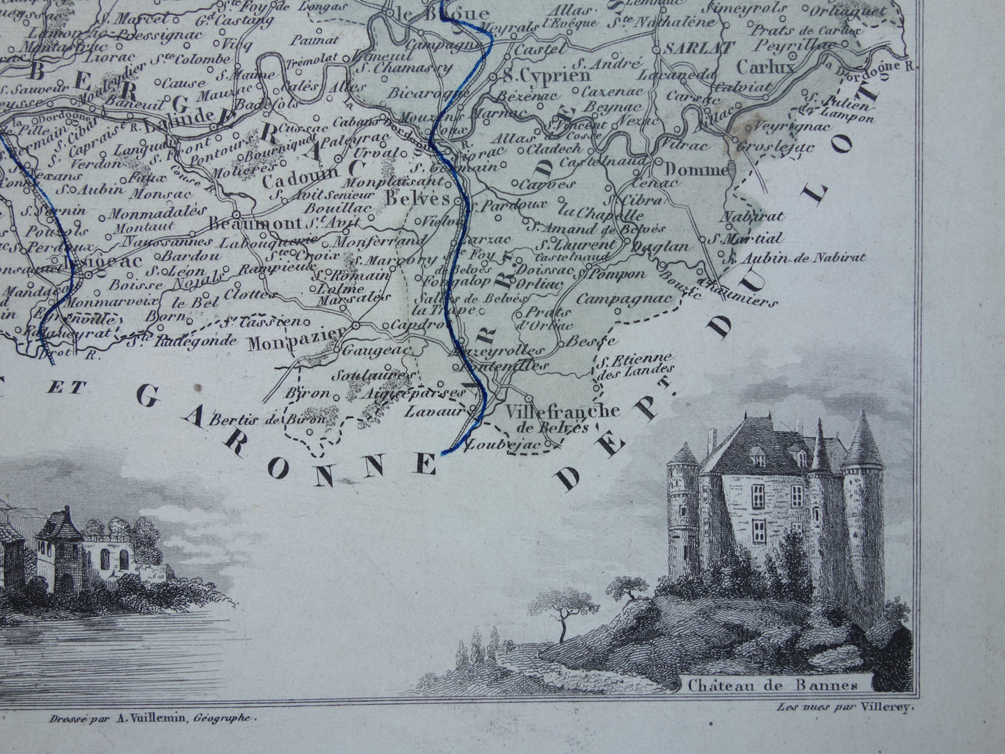 Oude kaart van Dordogne uit 1870 originele antieke landkaart Périgueux departement Frankrijk