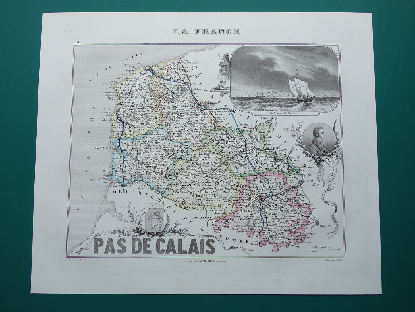 Old map of Pas-de-Calais department in France from 1856 original antique hand-colored map