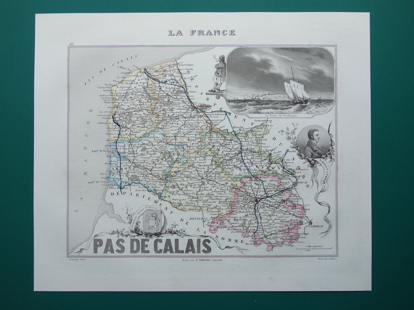 Oude kaart van Pas-de-Calais departement in Frankrijk uit 1856 originele antieke handgekleurde landkaart