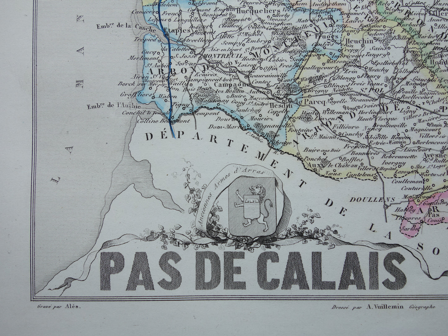 Old map of Pas-de-Calais department in France from 1856 original antique hand-colored map