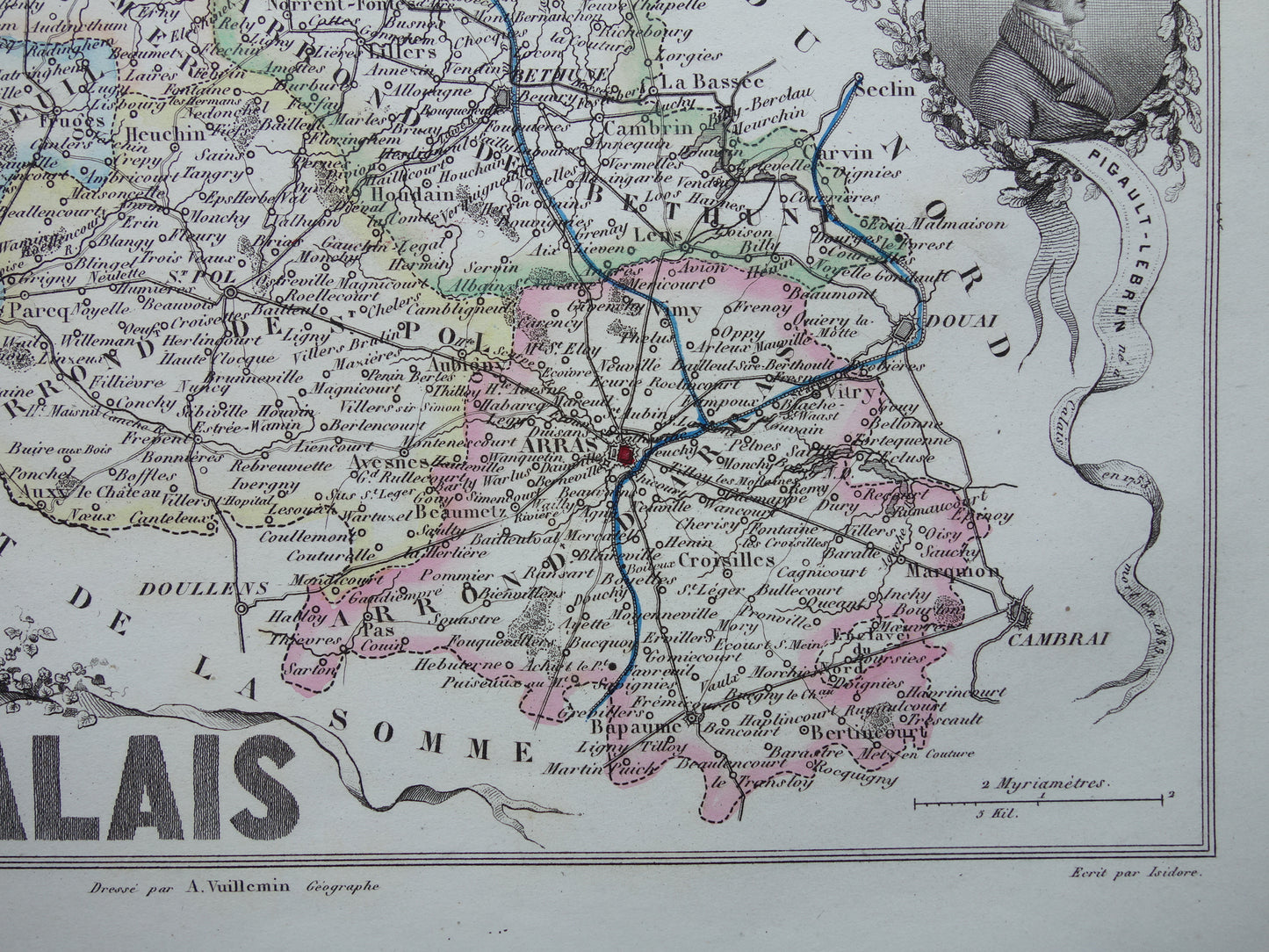 Old map of Pas-de-Calais department in France from 1856 original antique hand-colored map