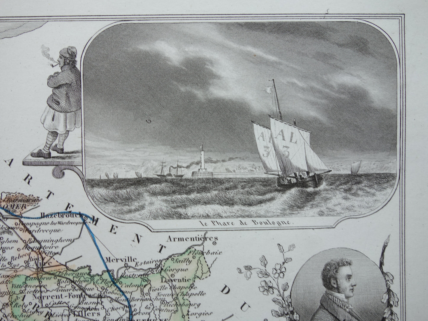 Old map of Pas-de-Calais department in France from 1856 original antique hand-colored map