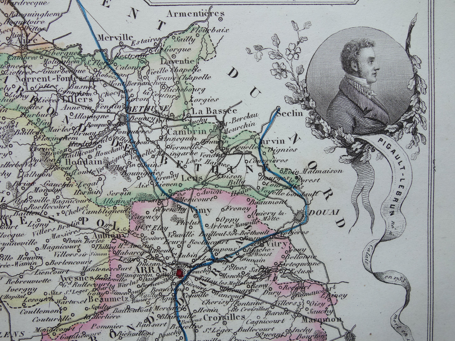 Old map of Pas-de-Calais department in France from 1856 original antique hand-colored map