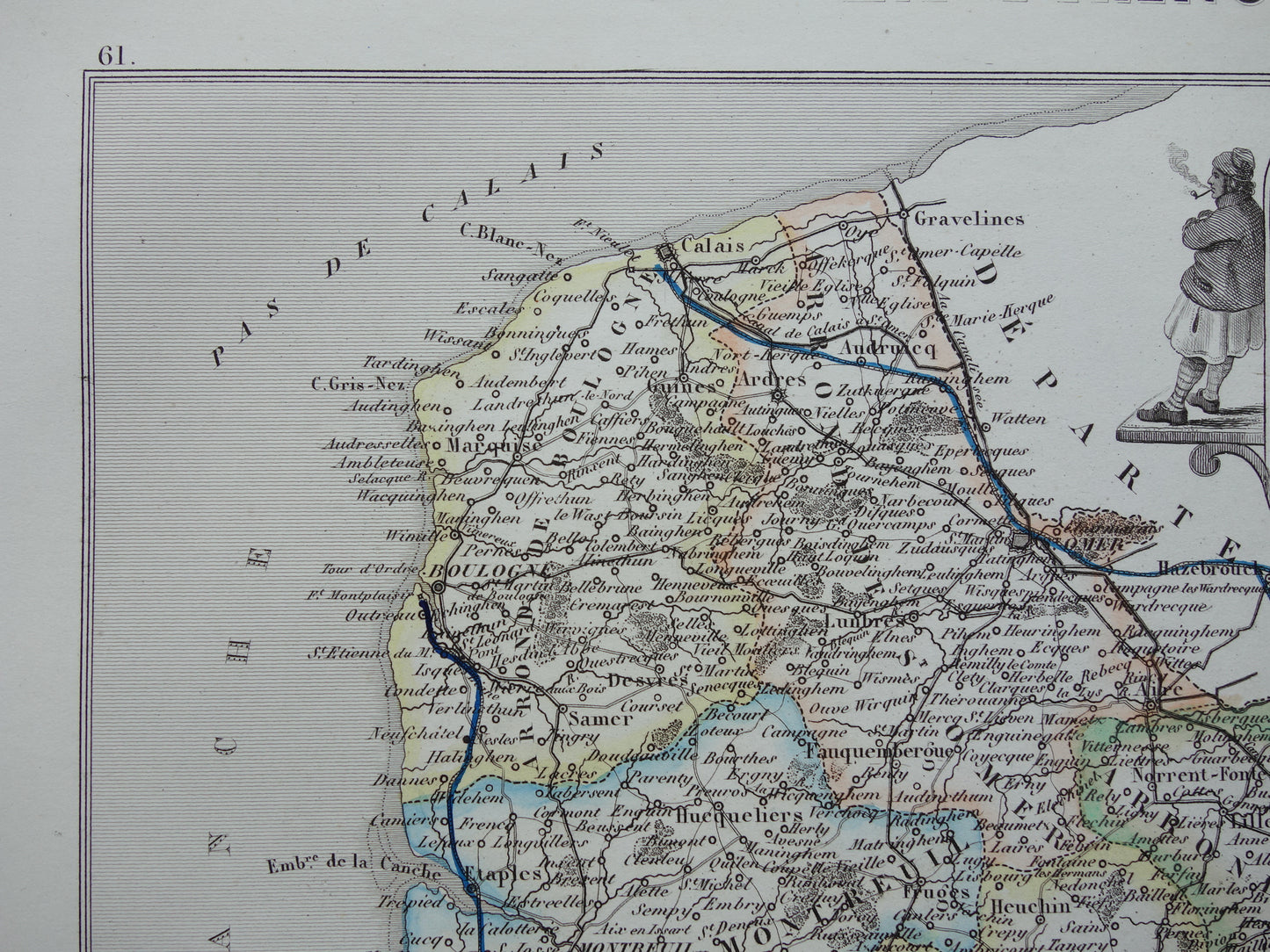 Old map of Pas-de-Calais department in France from 1856 original antique hand-colored map