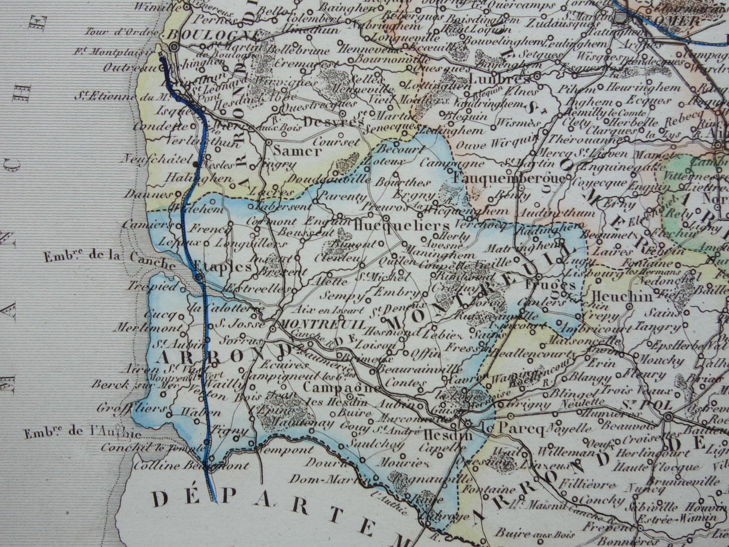 Old map of Pas-de-Calais department in France from 1856 original antique hand-colored map