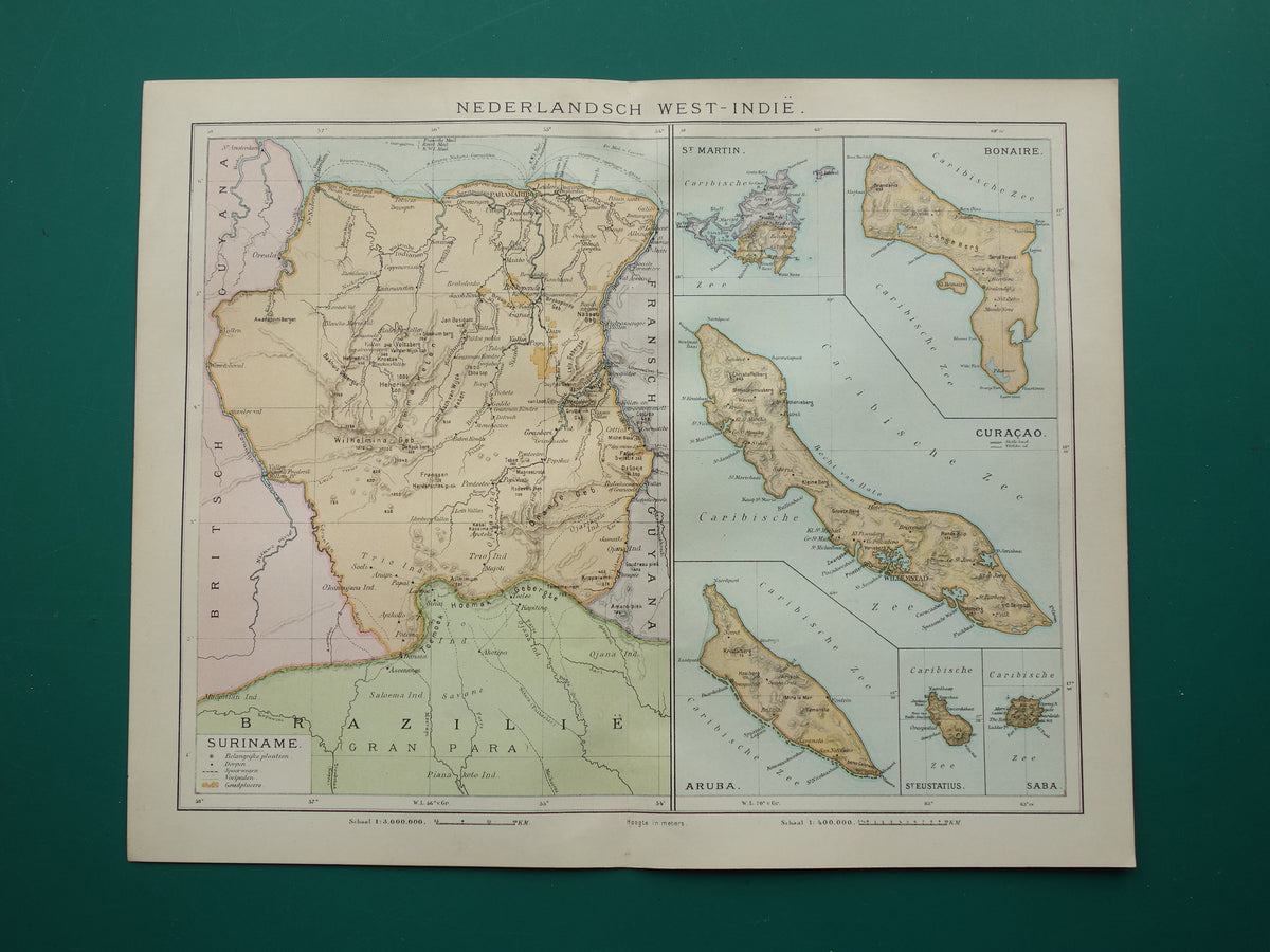 Suriname oude kaart uit 1911 originele antieke Nederlandse landkaart van Suriname en Caraïbisch gebied West-Indië