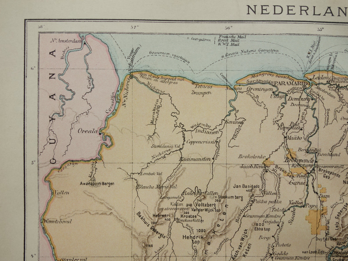 Suriname oude kaart uit 1911 originele antieke Nederlandse landkaart van Suriname en Caraïbisch gebied West-Indië