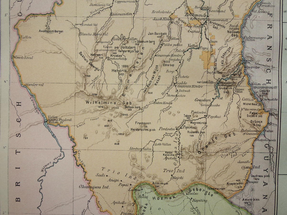 Suriname oude kaart uit 1911 originele antieke Nederlandse landkaart van Suriname en Caraïbisch gebied West-Indië