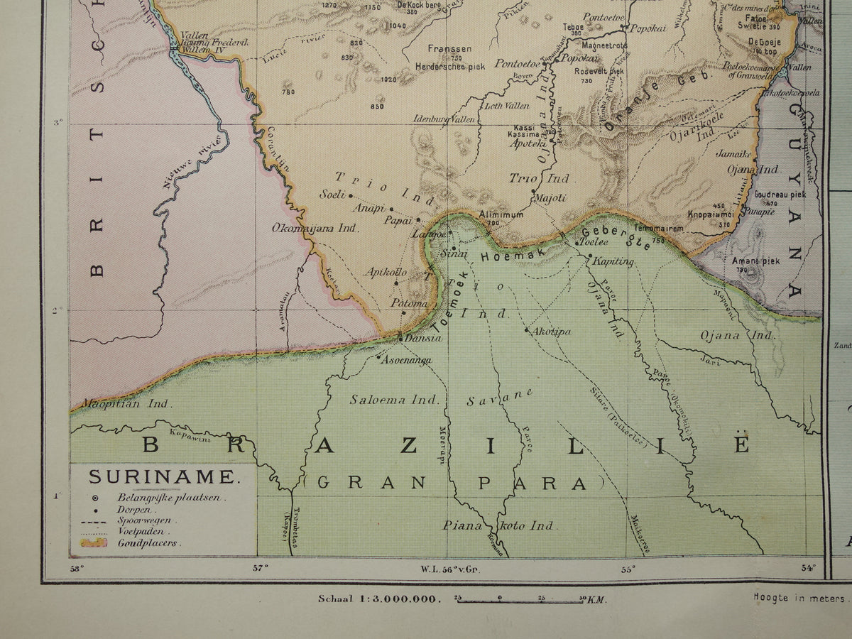 Suriname oude kaart uit 1911 originele antieke Nederlandse landkaart van Suriname en Caraïbisch gebied West-Indië