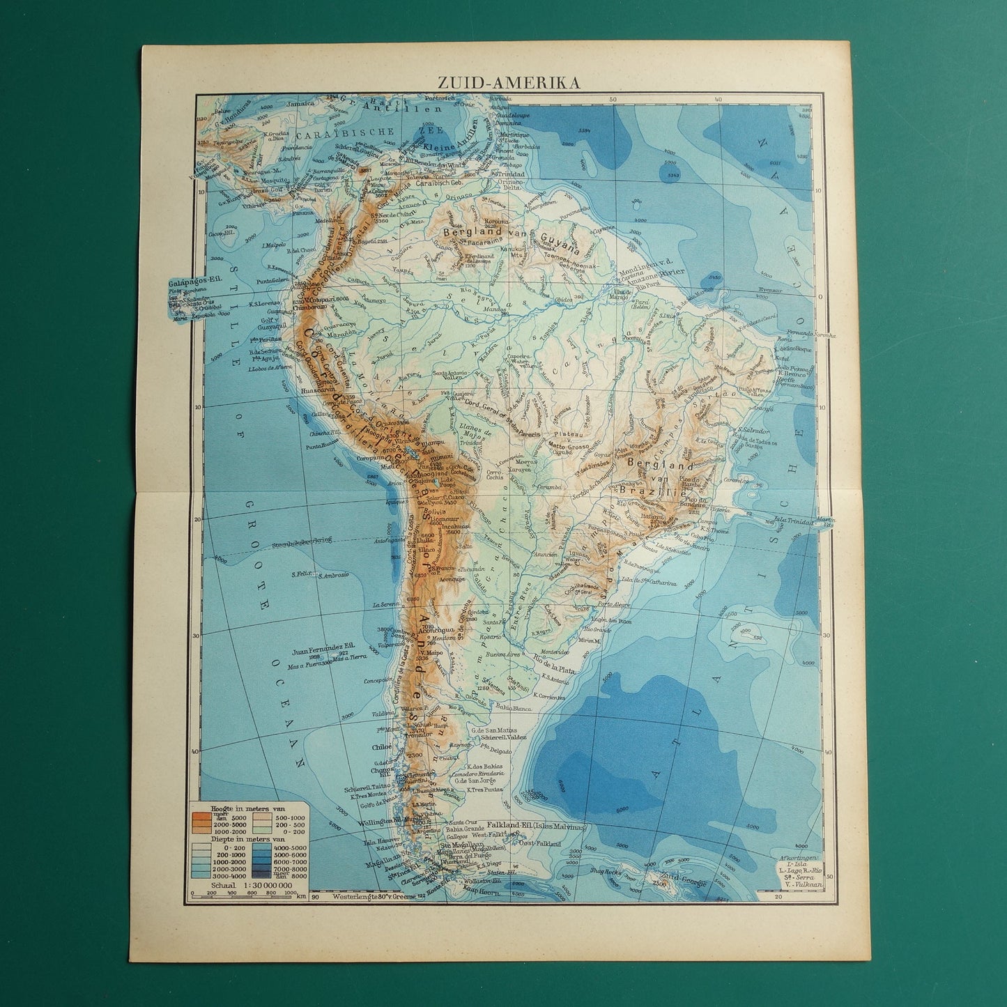 old map of South America 1938 altitude map continent