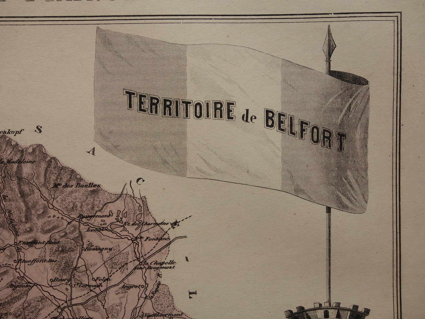 Territoire de Belfort Old map of department in France from 1886 original antique hand-colored map Belfort