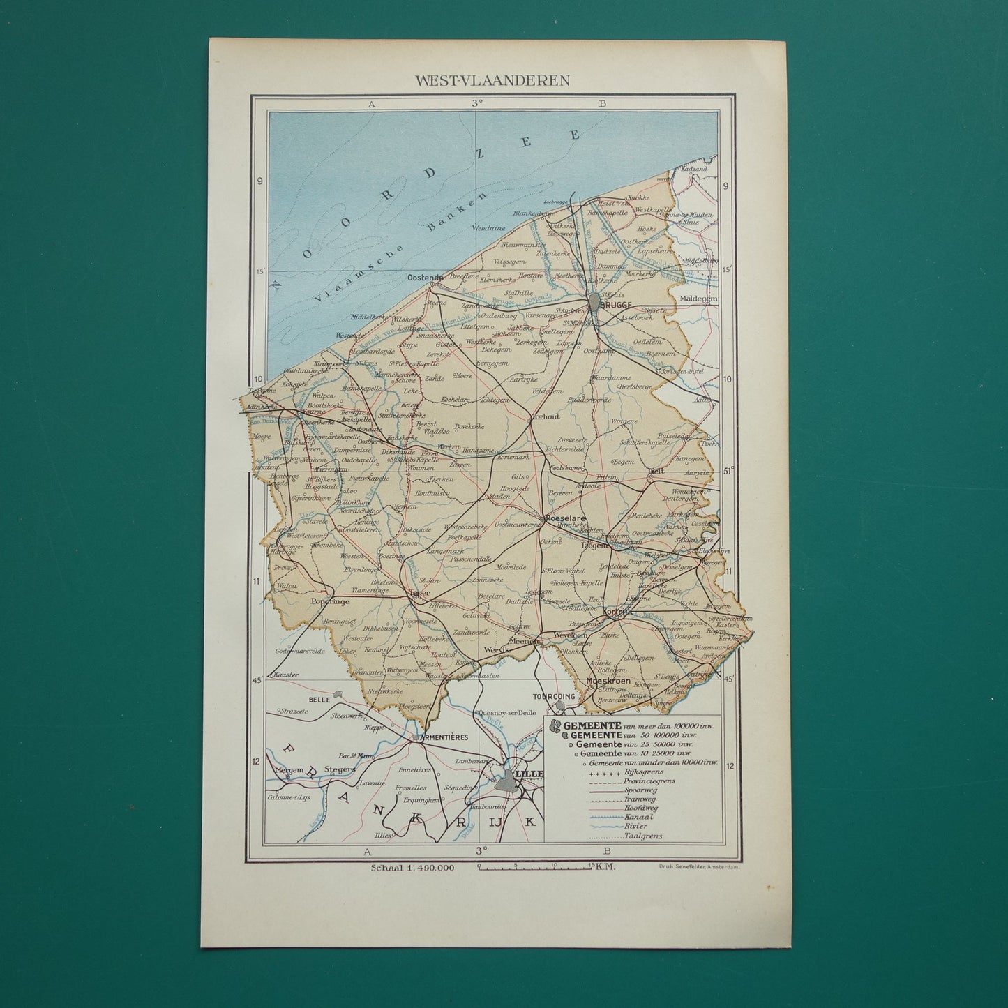 WESTVLAANDEREN Oude kaart van provincie Westvlaanderen België uit 1938 Originele vintage Nederlandse landkaart