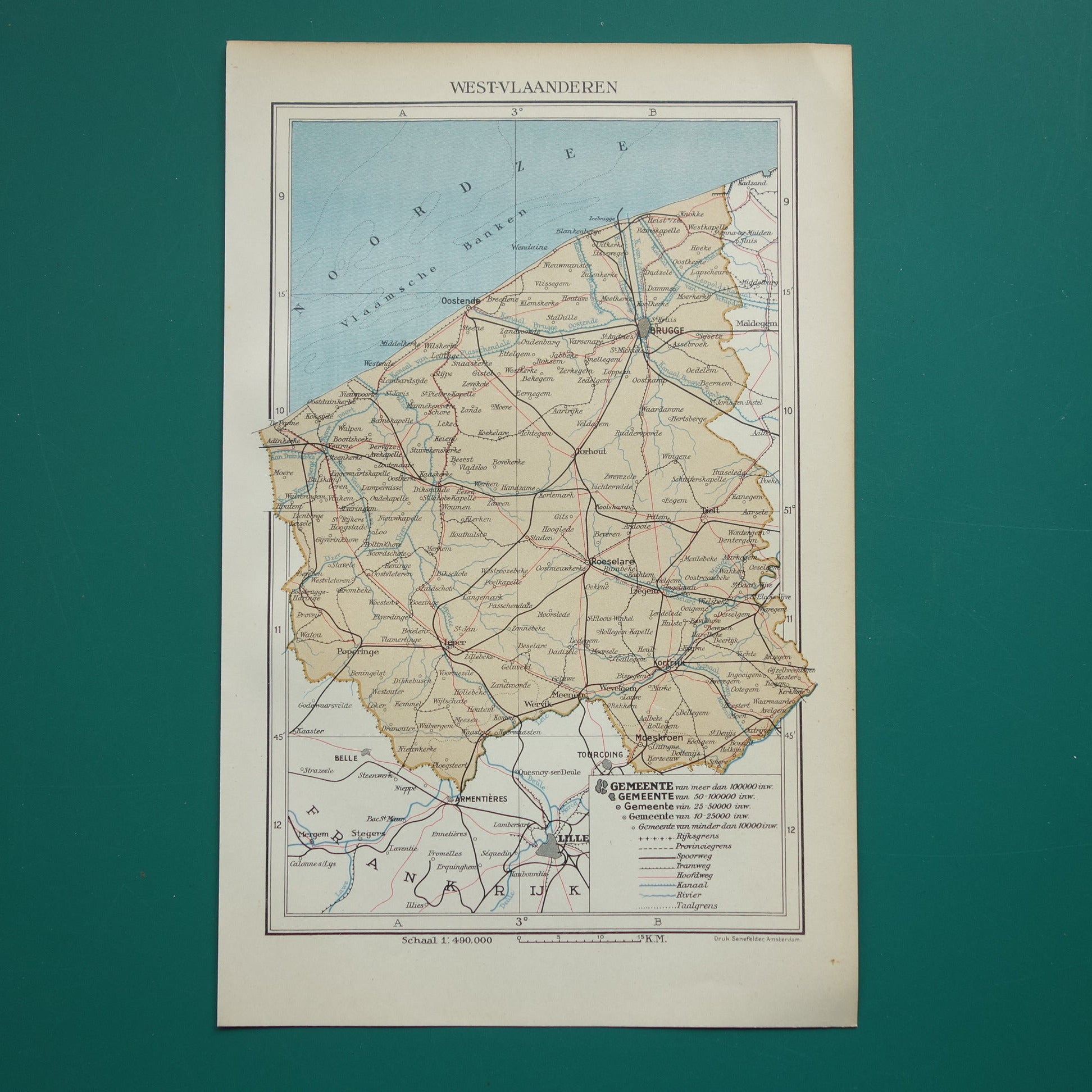 WESTVLAANDEREN Oude kaart van provincie Westvlaanderen België uit 1938 Originele vintage Nederlandse landkaart