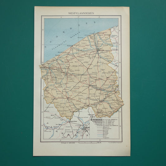 WESTVLAANDEREN Oude kaart van provincie Westvlaanderen België uit 1938 Originele vintage Nederlandse landkaart