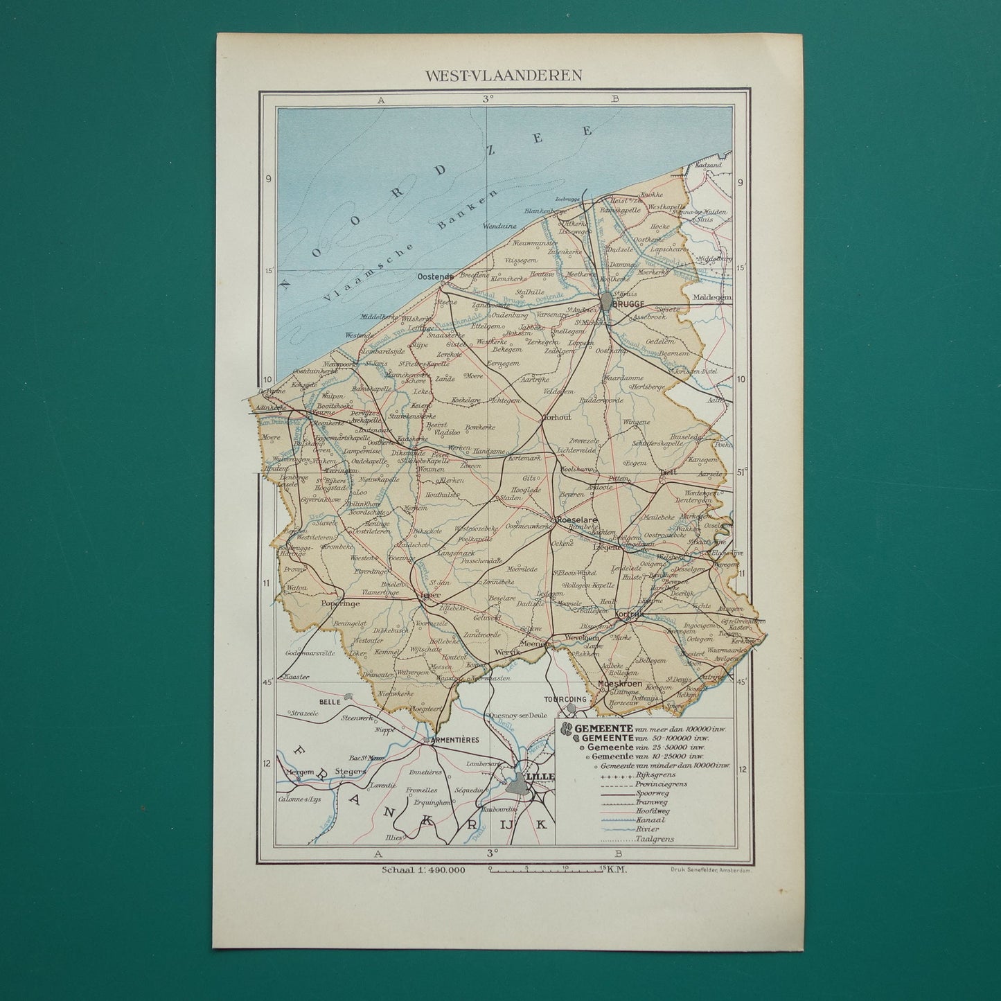WESTVLAANDEREN Oude kaart van provincie Westvlaanderen België uit 1938 Originele vintage Nederlandse landkaart