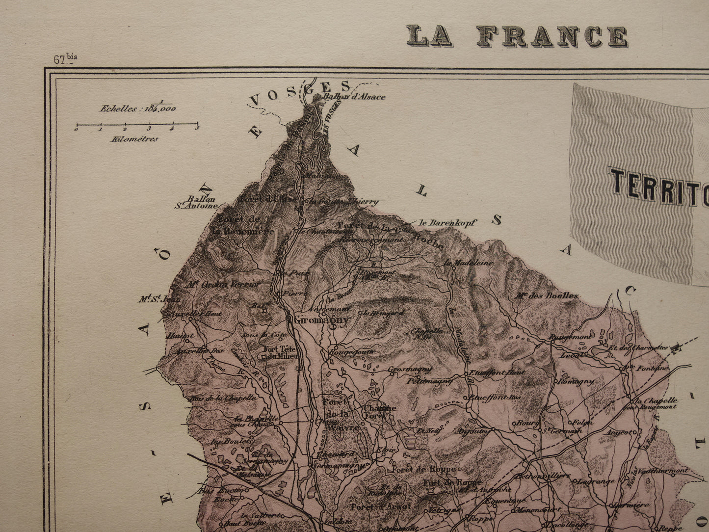 Territoire de Belfort Old map of department in France from 1886 original antique hand-colored map Belfort