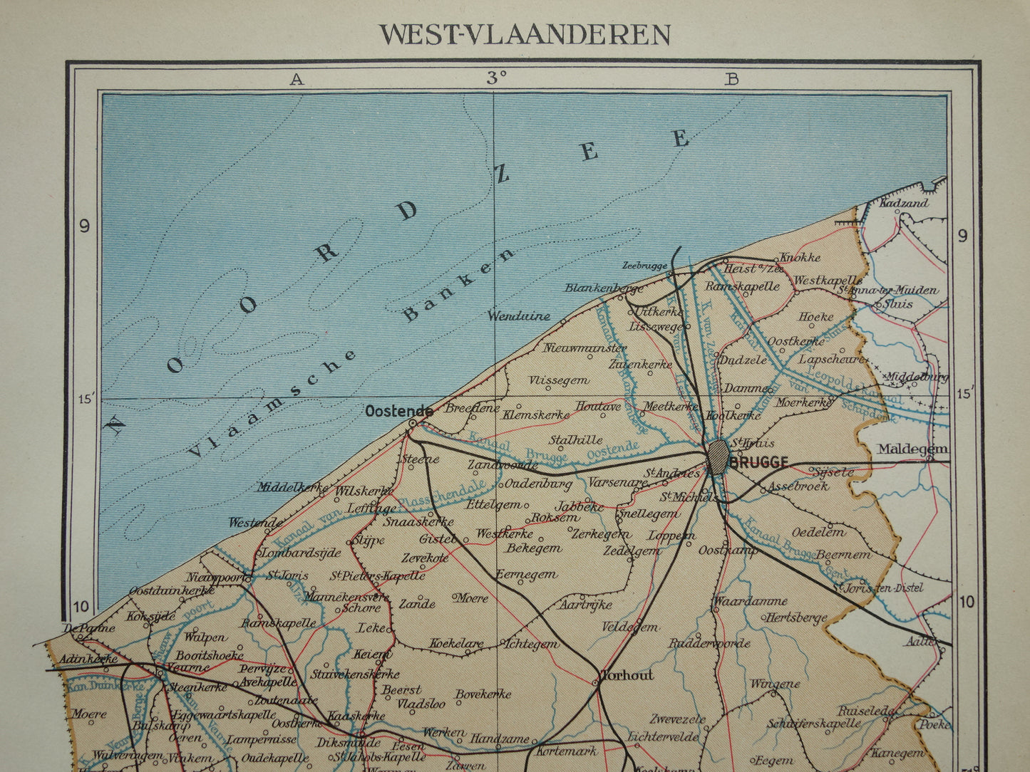 WESTVLAANDEREN Oude kaart van provincie Westvlaanderen België uit 1938 Originele vintage Nederlandse landkaart