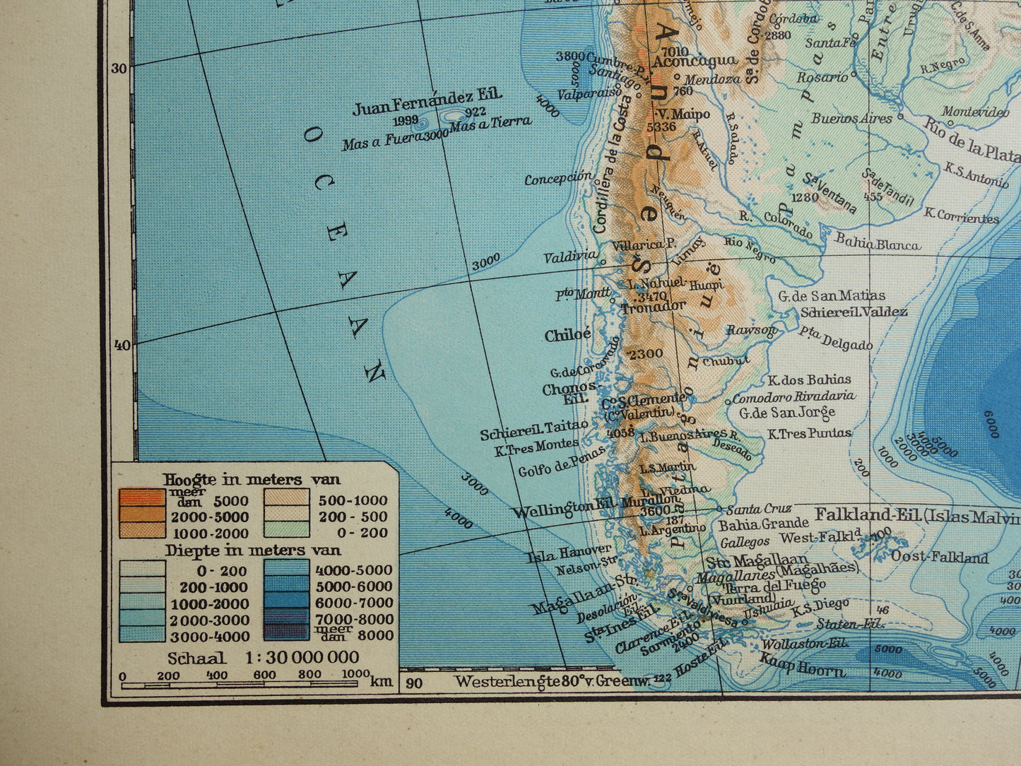 Oude kaart van Zuid-Amerika uit 1938 originele vintage Nederlandse landkaart hoogtekaart