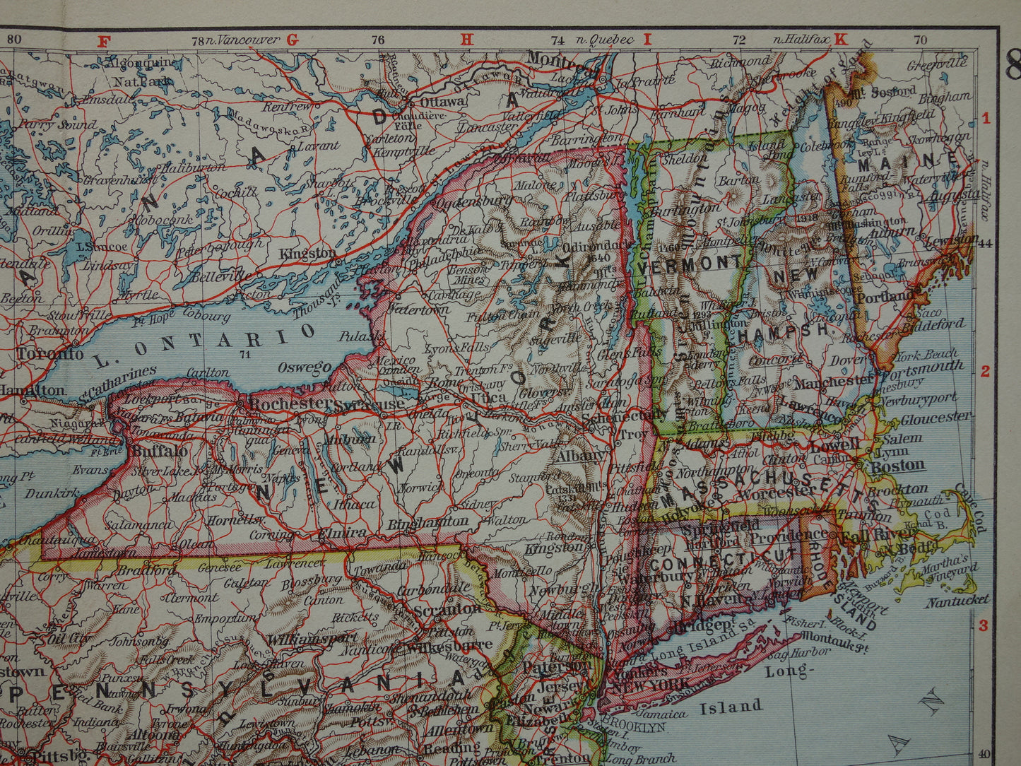 US old map of the United States Northeast 1931 original vintage map Michigan New York Carolina