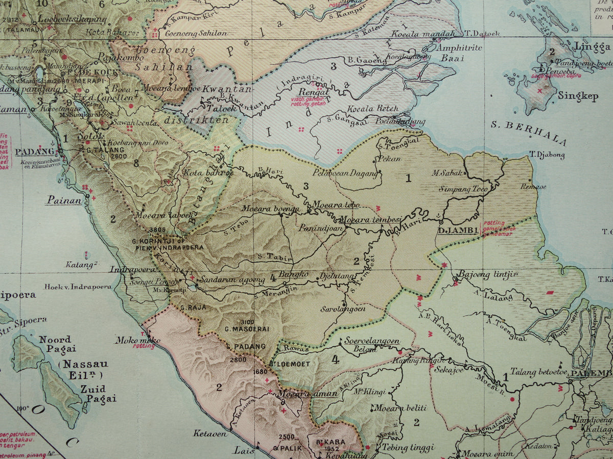 Sumatra alte Karte von Sumatra Indonesien 1911 original antike niederländische Karte historische Karten Sumatra Medan Palembang