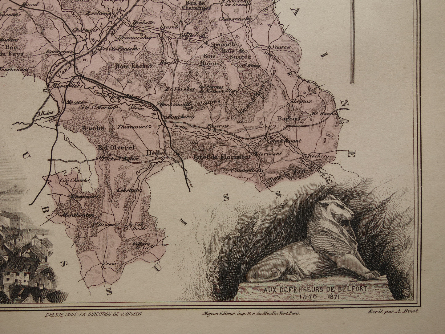 Territoire de Belfort Old map of department in France from 1886 original antique hand-colored map Belfort