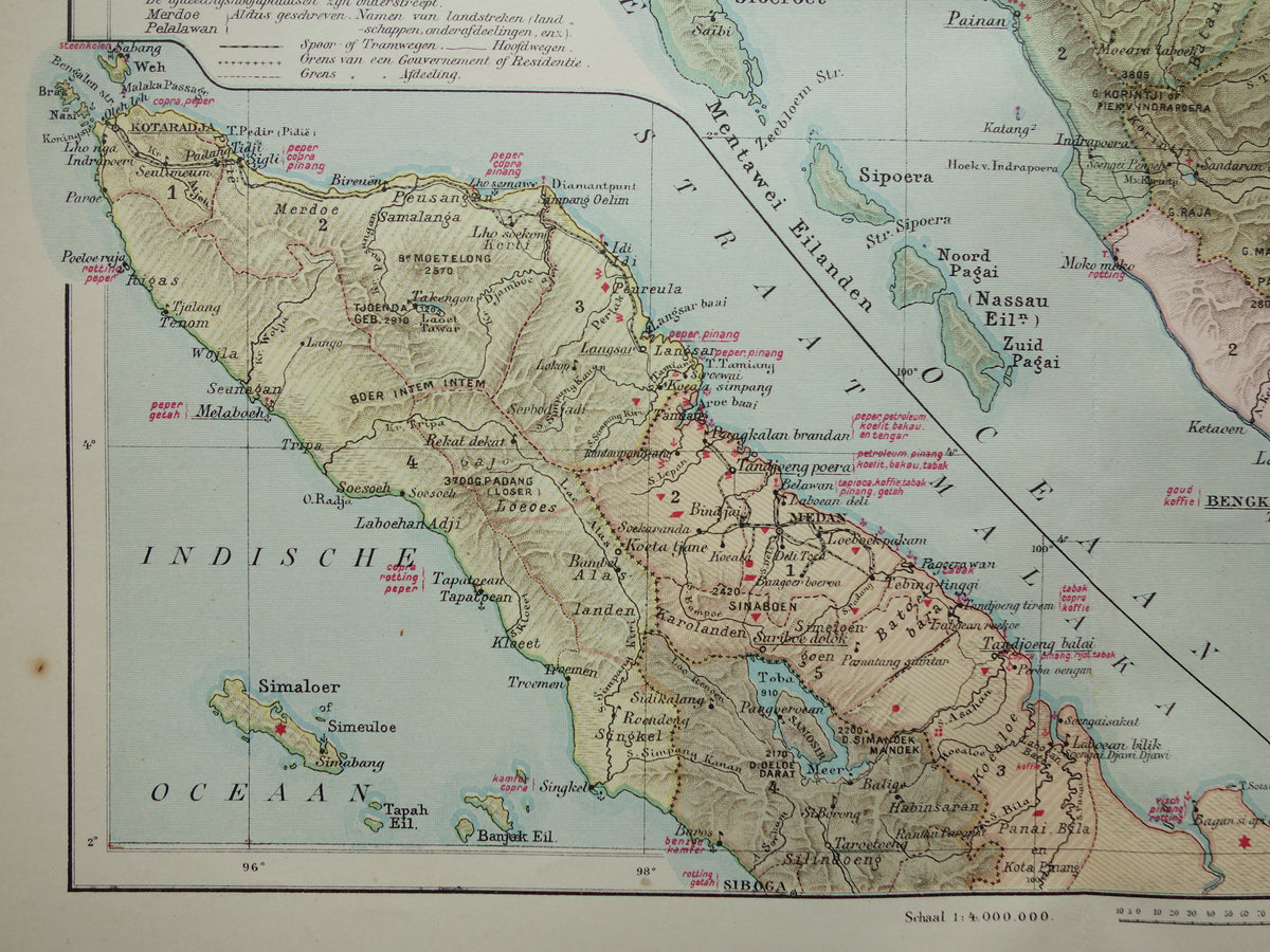 Sumatra alte Karte von Sumatra Indonesien 1911 original antike niederländische Karte historische Karten Sumatra Medan Palembang