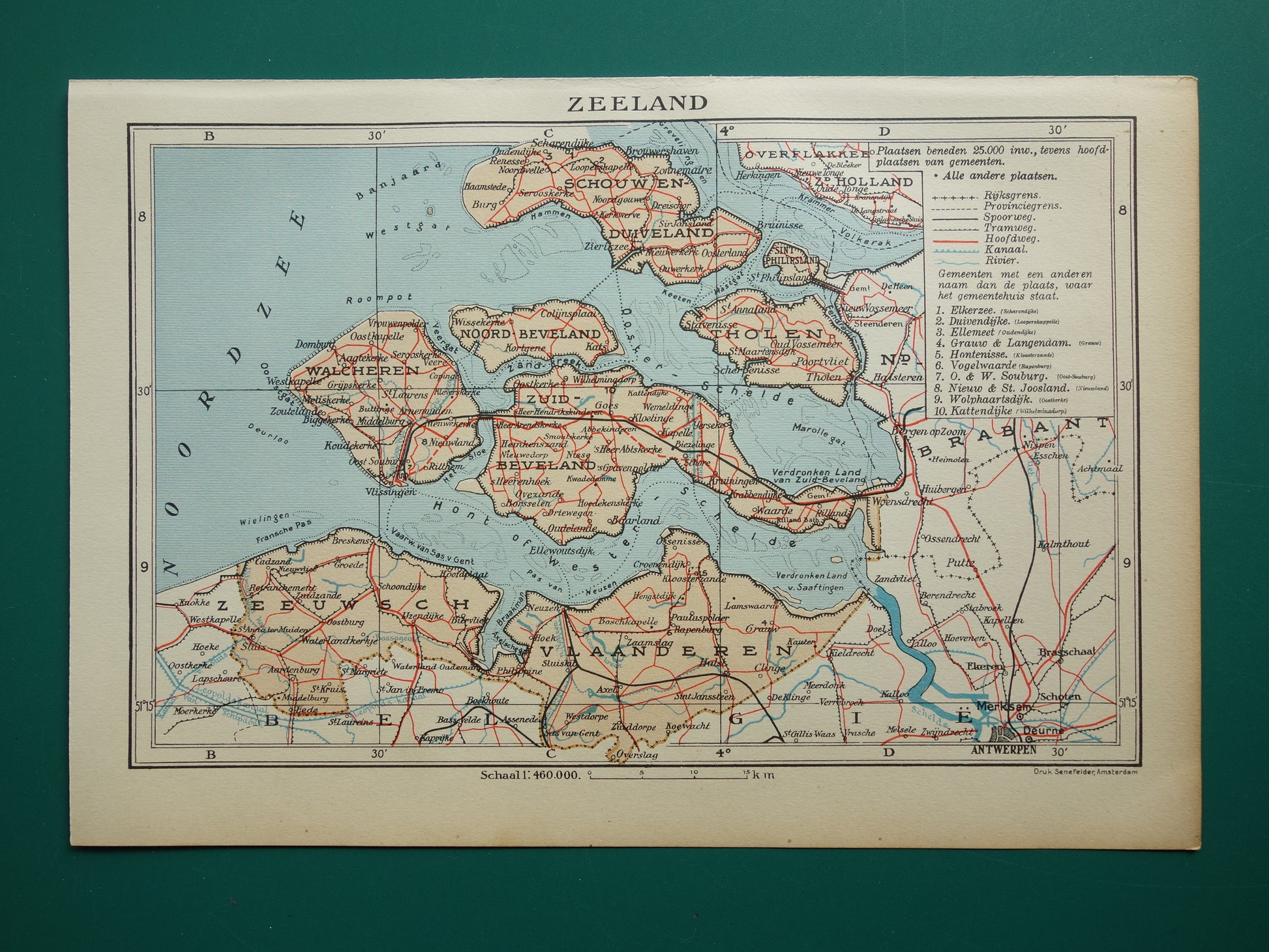 Oude kaart van de provincie Zeeland uit 1938 Kleine vintage landkaart