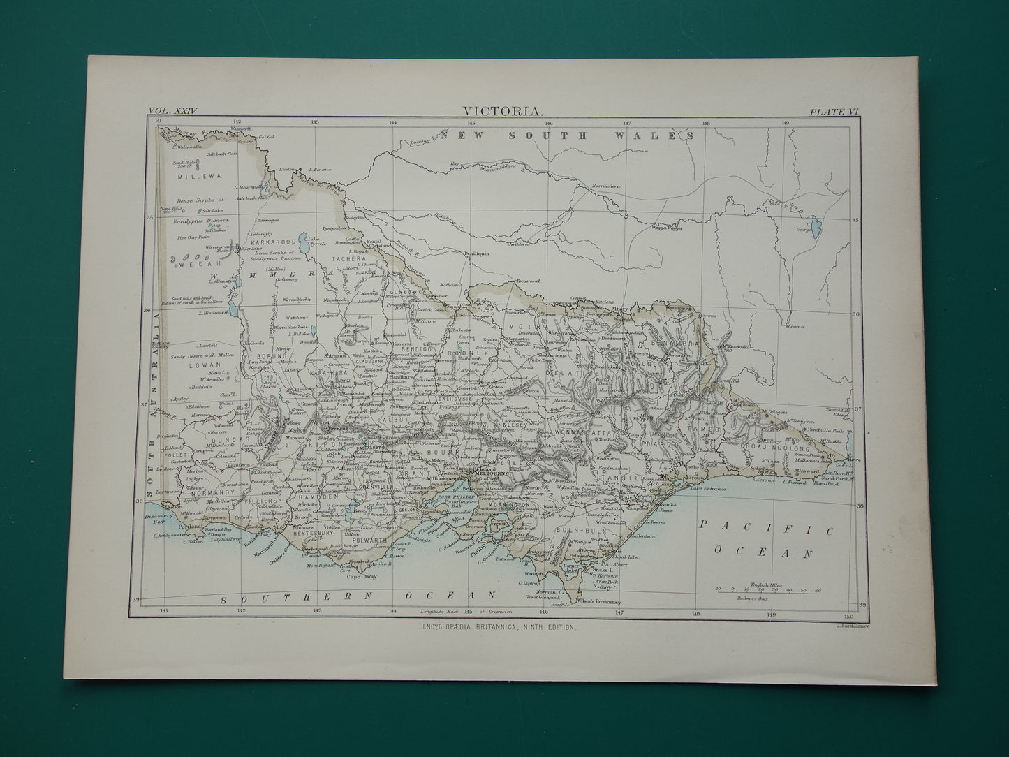 Antieke landkaart van de staat Victoria in Australië 1888 originele oude kaart Melbourne Vic te koop