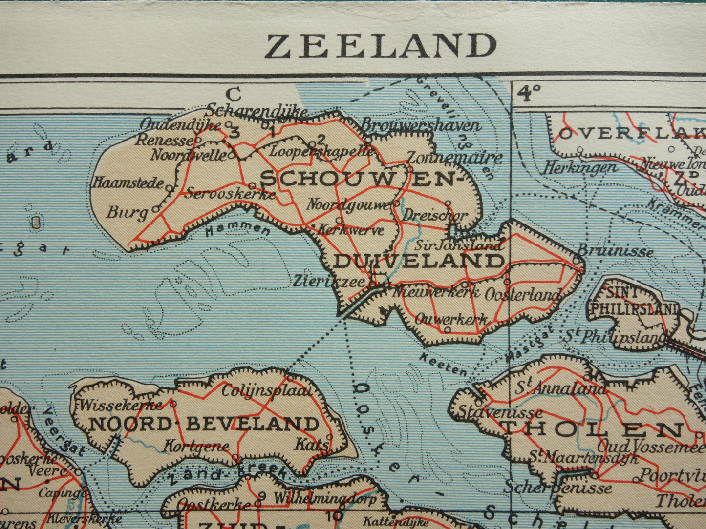 Oude kaart van de provincie Zeeland uit 1938 Kleine vintage landkaart