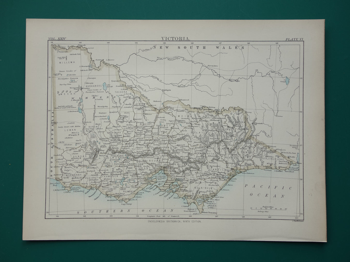 Antieke landkaart van de staat Victoria in Australië 1888 originele oude kaart Melbourne Vic te koop
