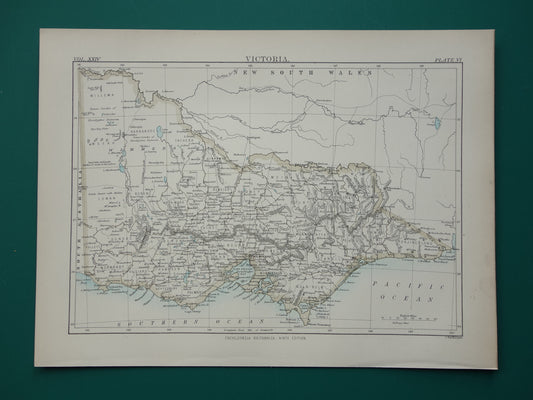 Antieke landkaart van de staat Victoria in Australië 1888 originele oude kaart Melbourne Vic te koop