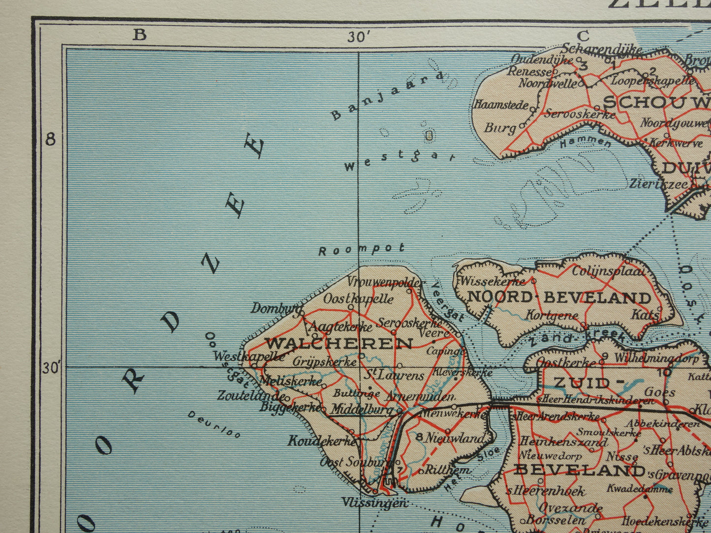Oude kaart van de provincie Zeeland uit 1938 Kleine vintage landkaart