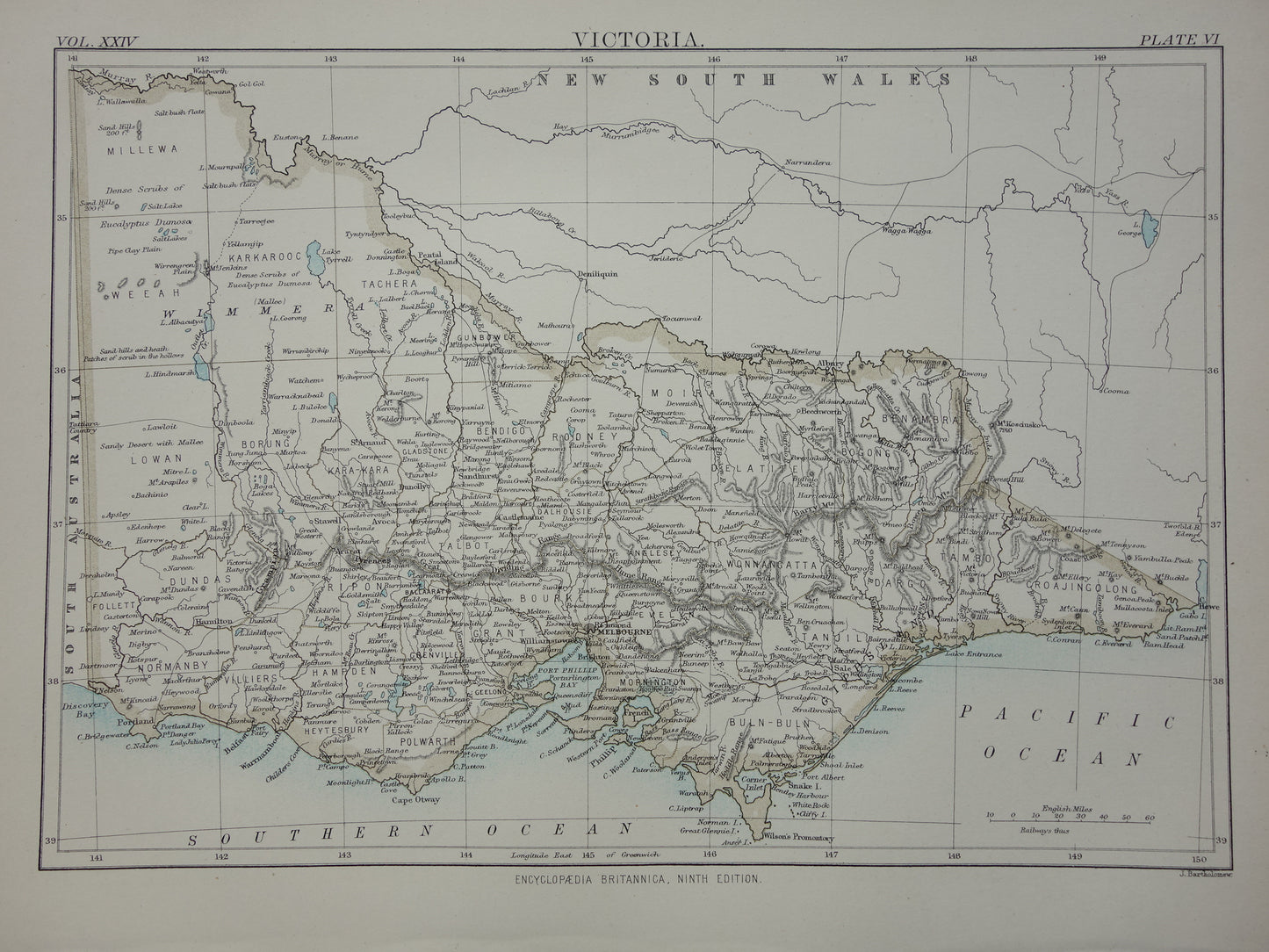 Antieke landkaart van de staat Victoria in Australië 1888 originele oude kaart Melbourne Vic te koop