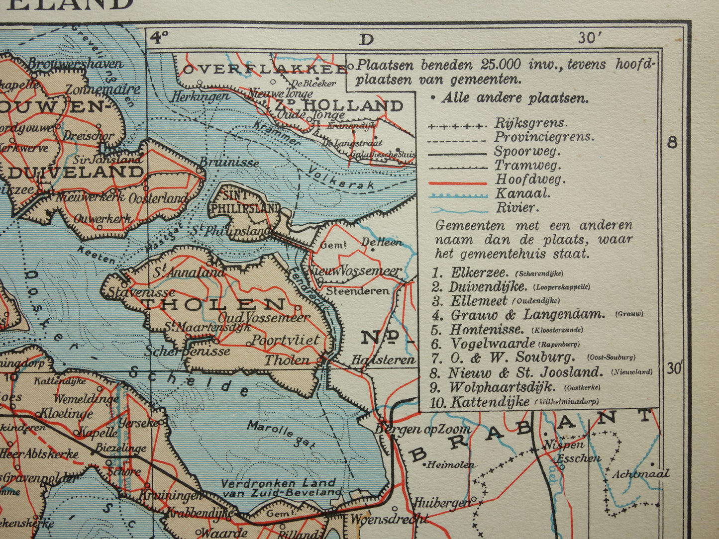 Oude kaart van de provincie Zeeland uit 1938 Kleine vintage landkaart