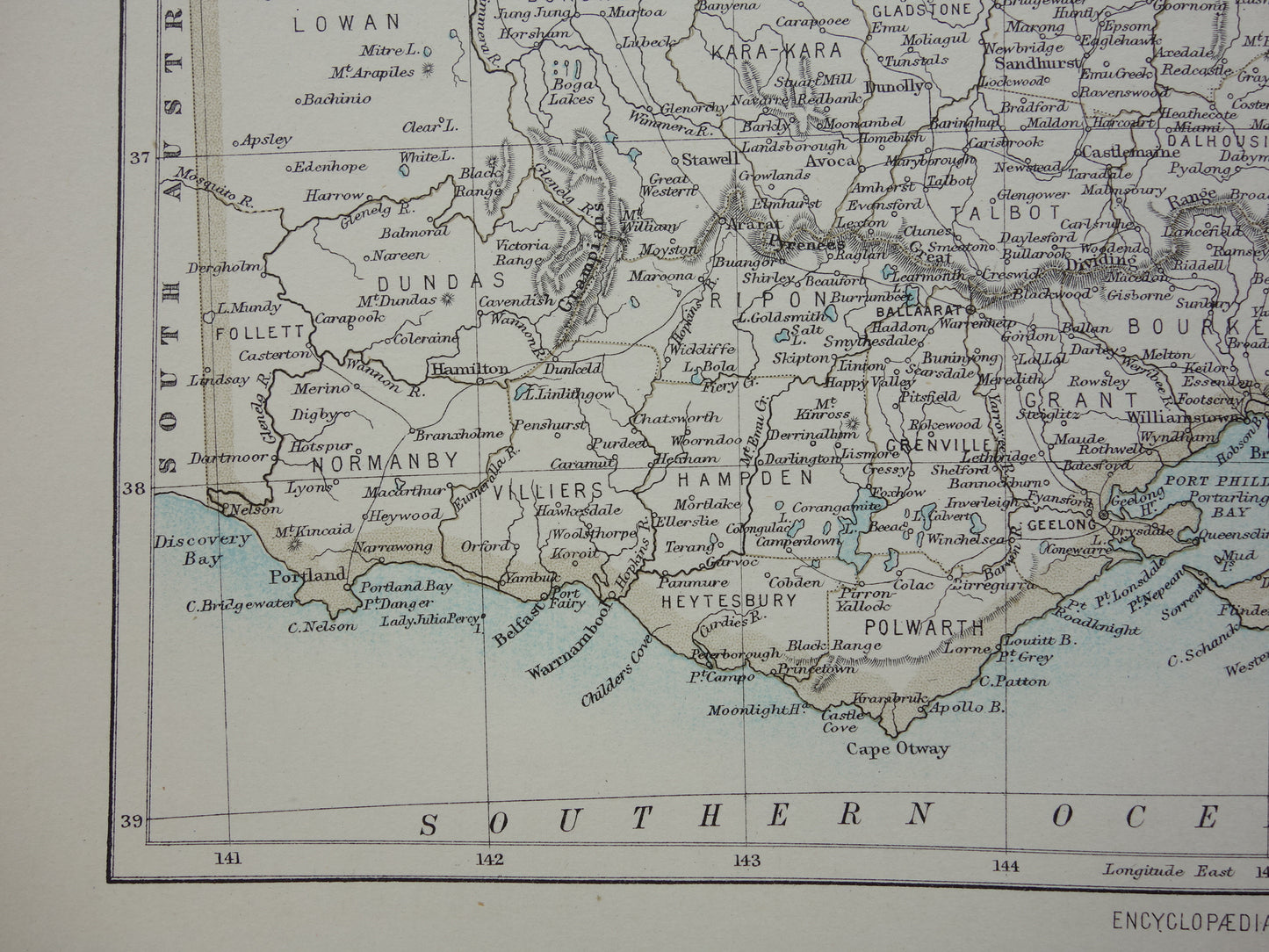 Antieke landkaart van de staat Victoria in Australië 1888 originele oude kaart Melbourne Vic te koop