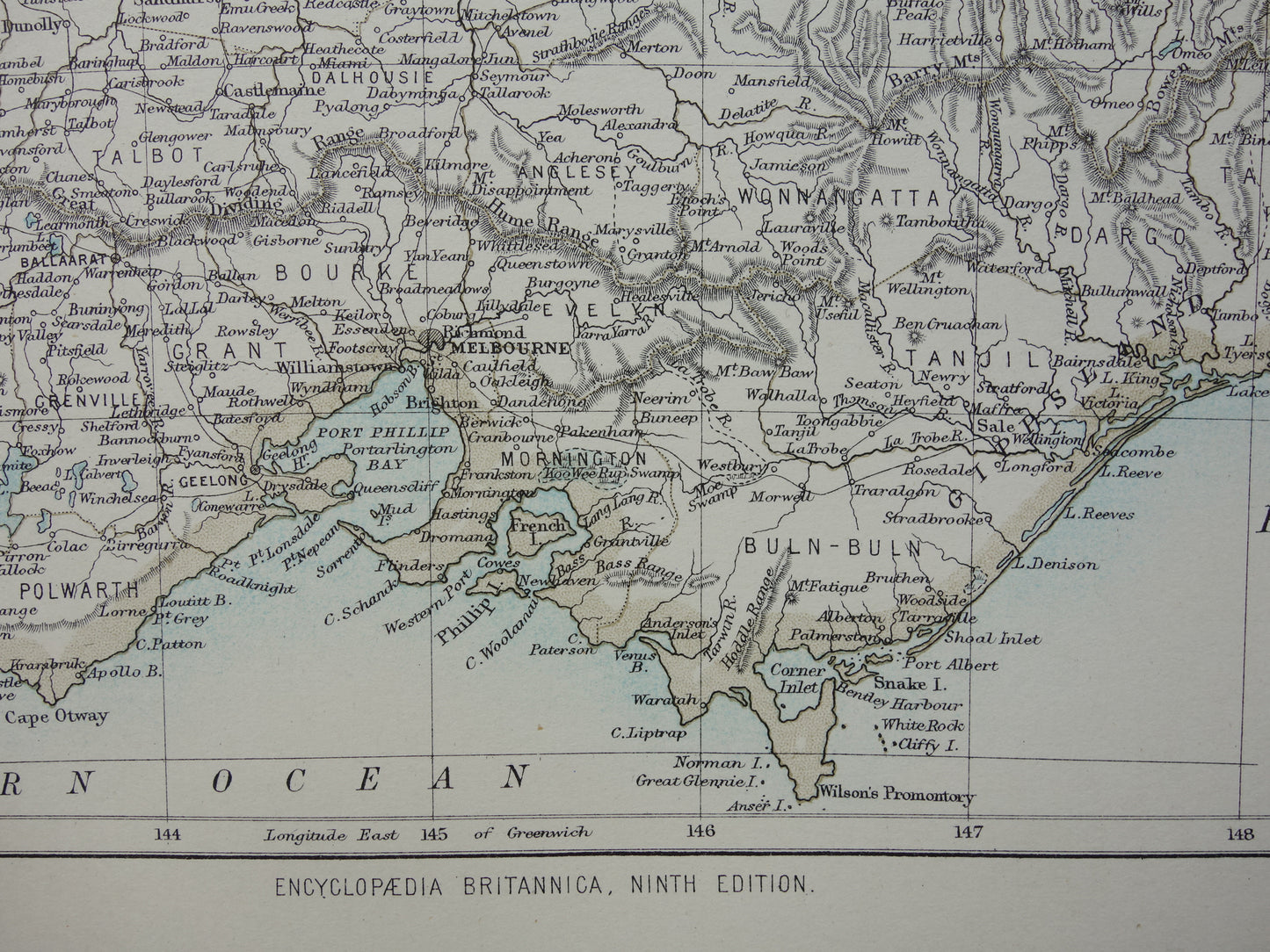 Antieke landkaart van de staat Victoria in Australië 1888 originele oude kaart Melbourne Vic te koop