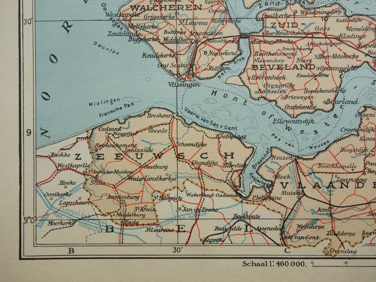 Oude kaart van de provincie Zeeland uit 1938 Kleine vintage landkaart