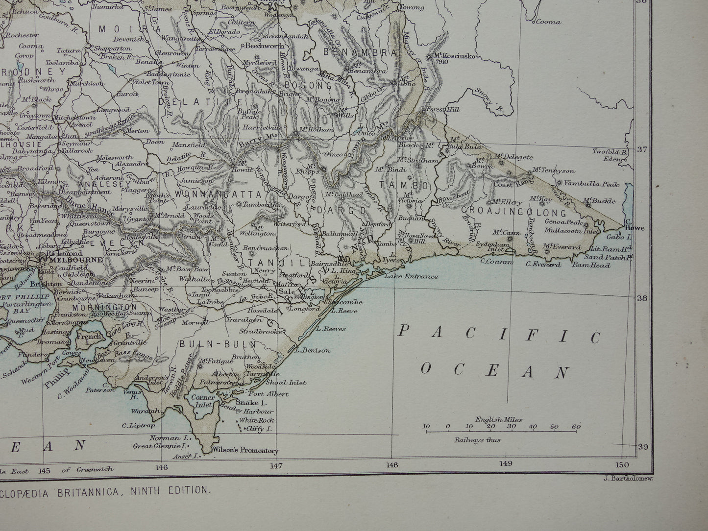 Antieke landkaart van de staat Victoria in Australië 1888 originele oude kaart Melbourne Vic te koop