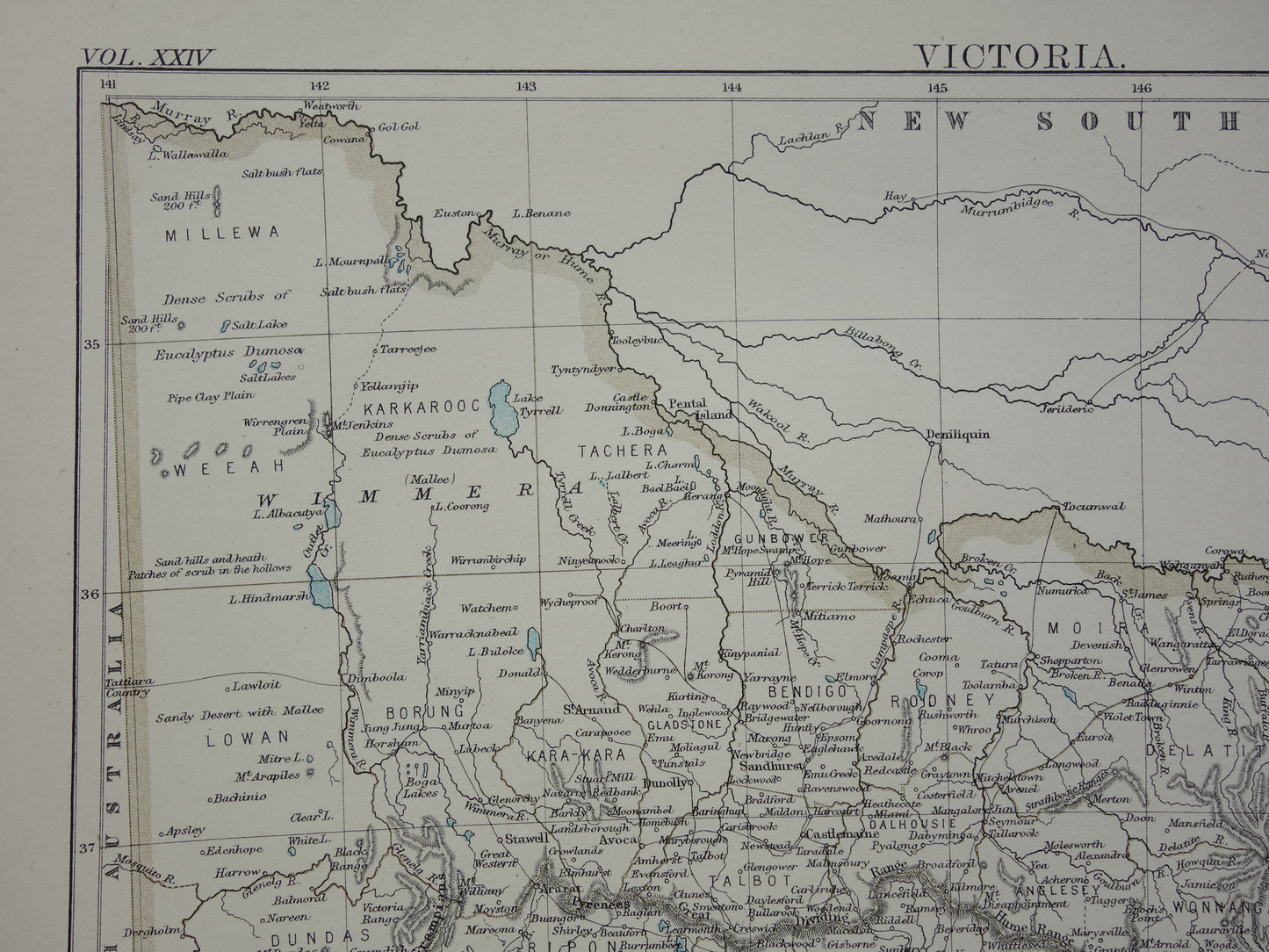 Antieke landkaart van de staat Victoria in Australië 1888 originele oude kaart Melbourne Vic te koop