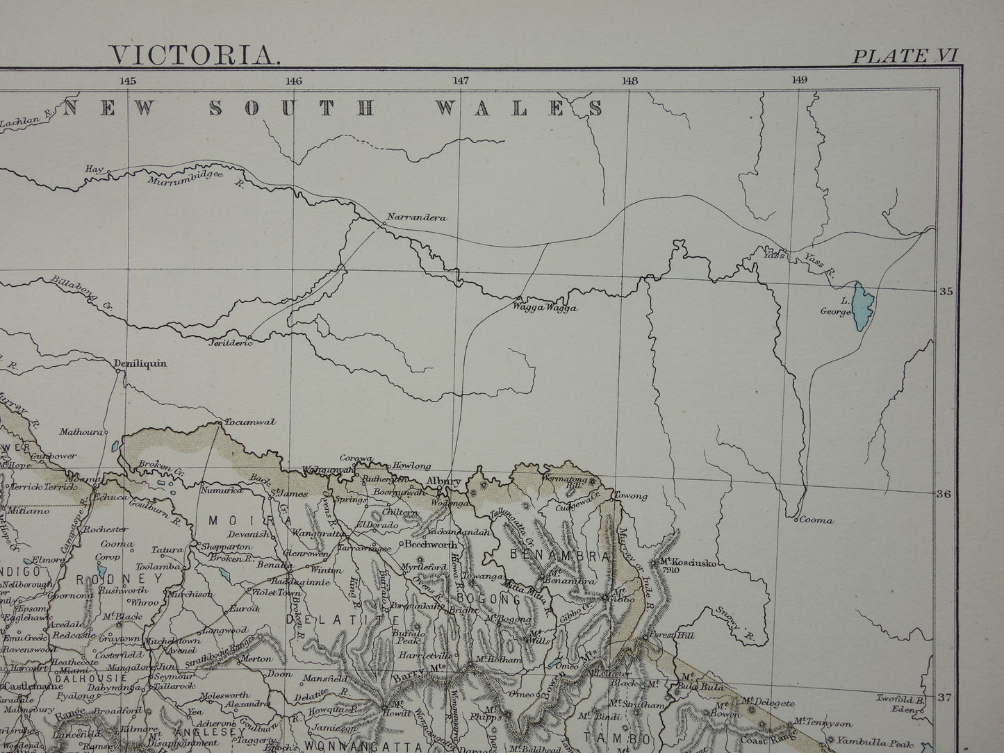 Antieke landkaart van de staat Victoria in Australië 1888 originele oude kaart Melbourne Vic te koop