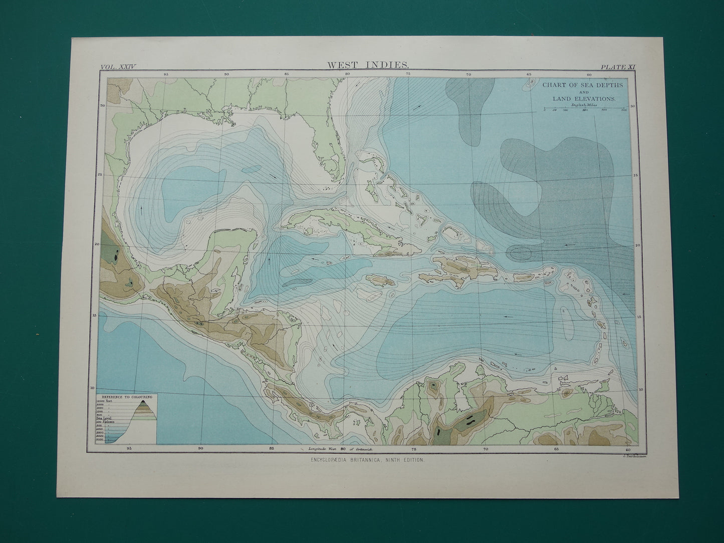 Oude hoogtekaart van het Caraïbisch gebied 1888 originele antieke kaart/landkaart Caraïben dieptekaart Caribische zee