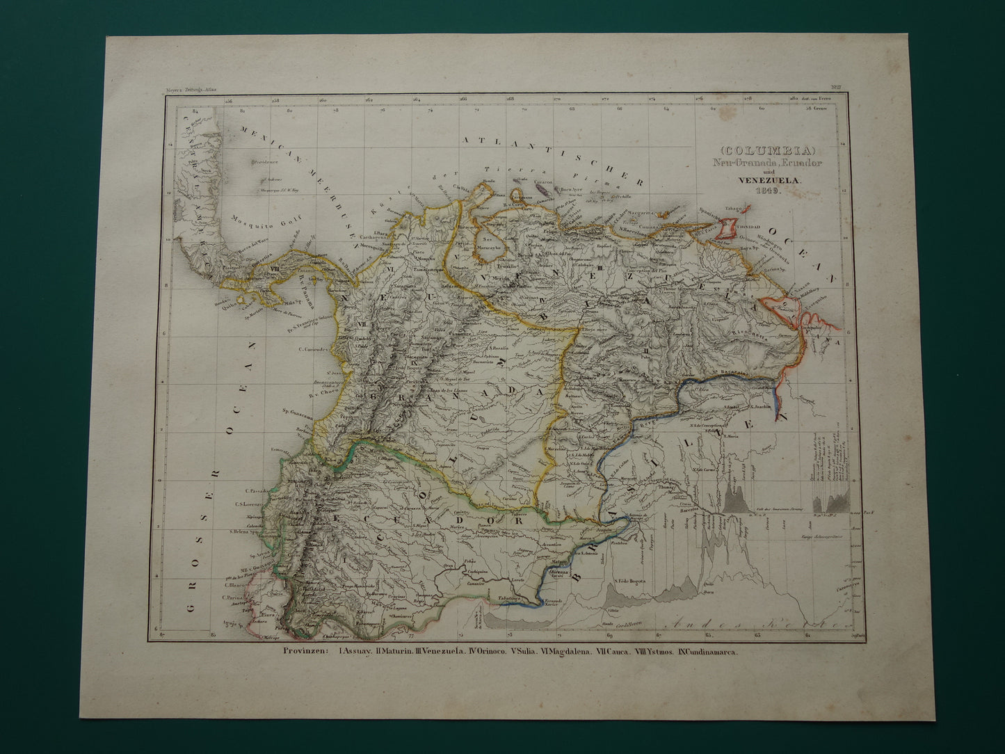 COLOMBIA Old map of Ecuador Venezuela 175+ year old hand-colored map of South America Andes Mountains
